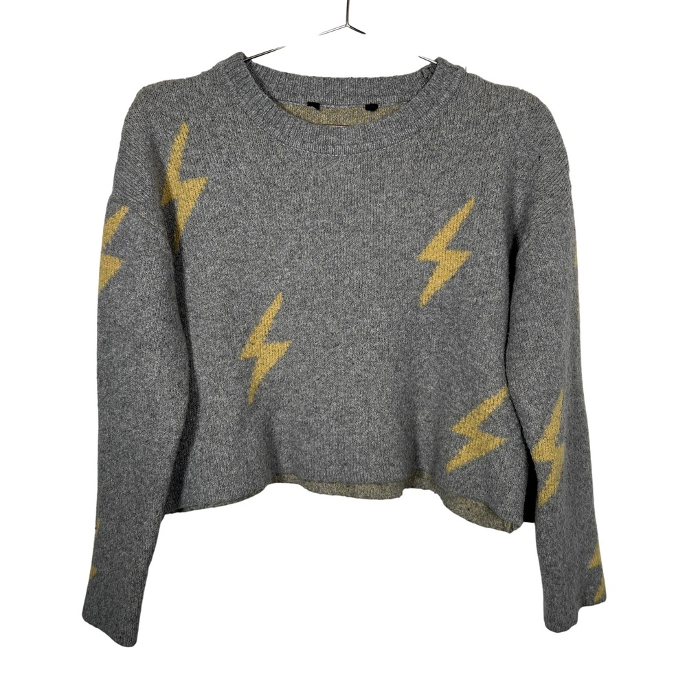 Grey Lightning Crop Sweater Yellow Quirky Whimsigoth Knit Large Long Sleeve